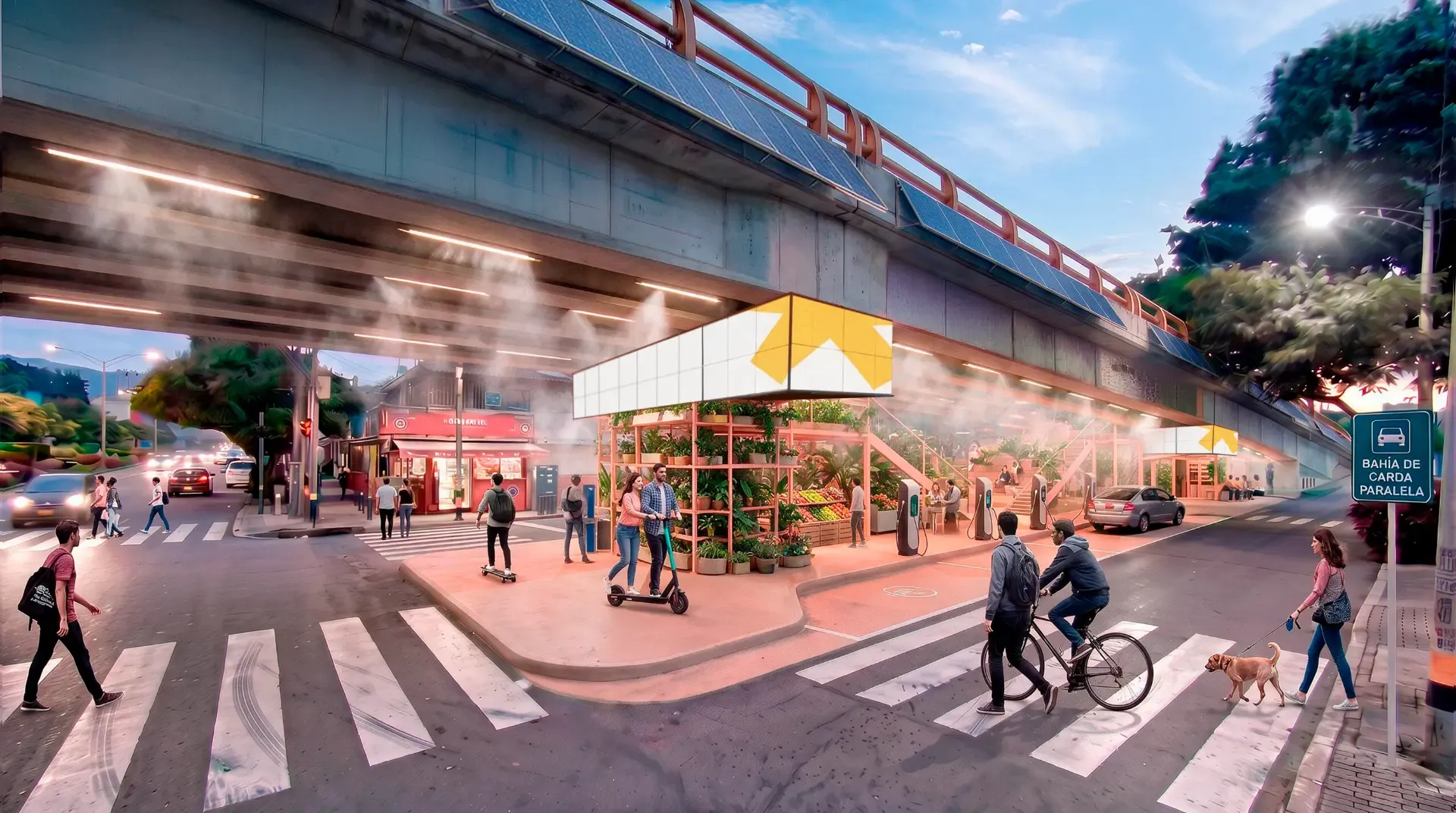 Render de un parque energético con carga para vehículos eléctricos