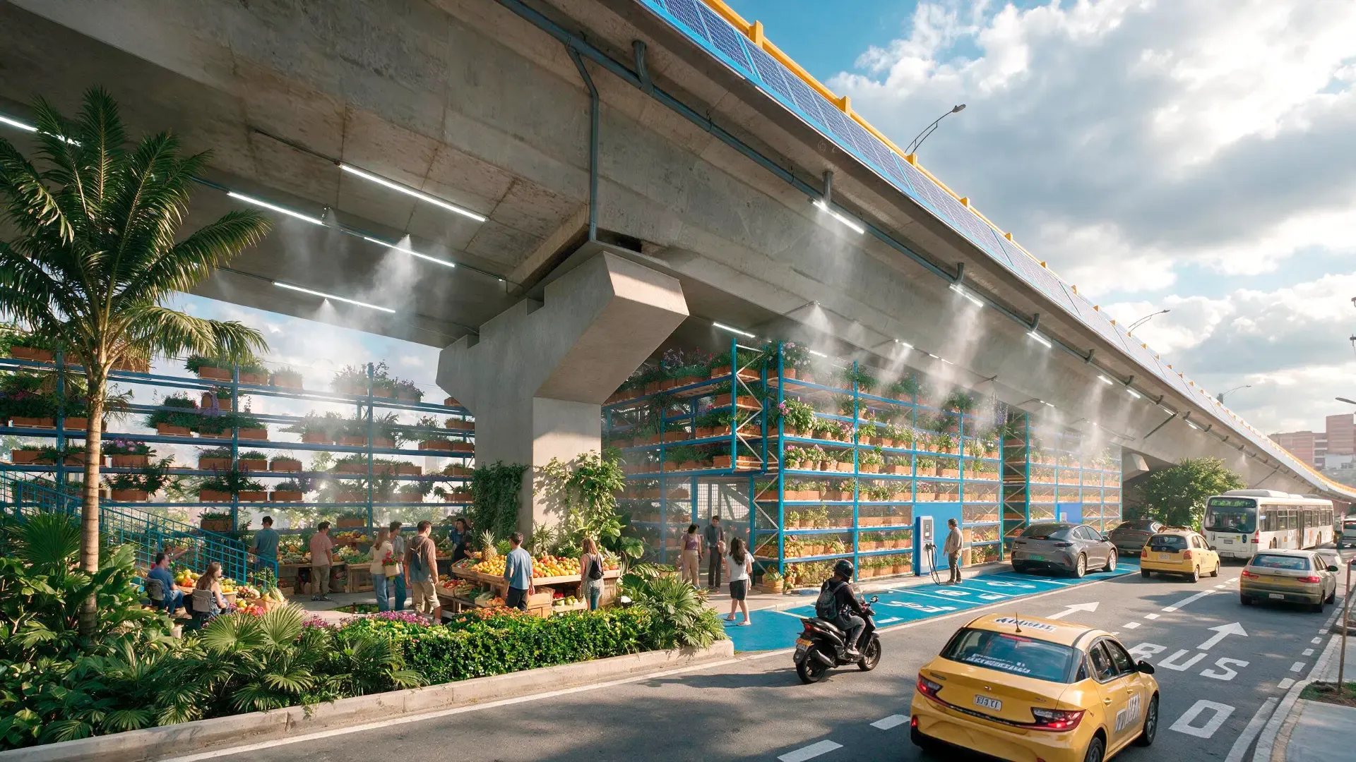 Bajo de viaducto transformado en mercado vertical verde con paneles solares y nebulizadores