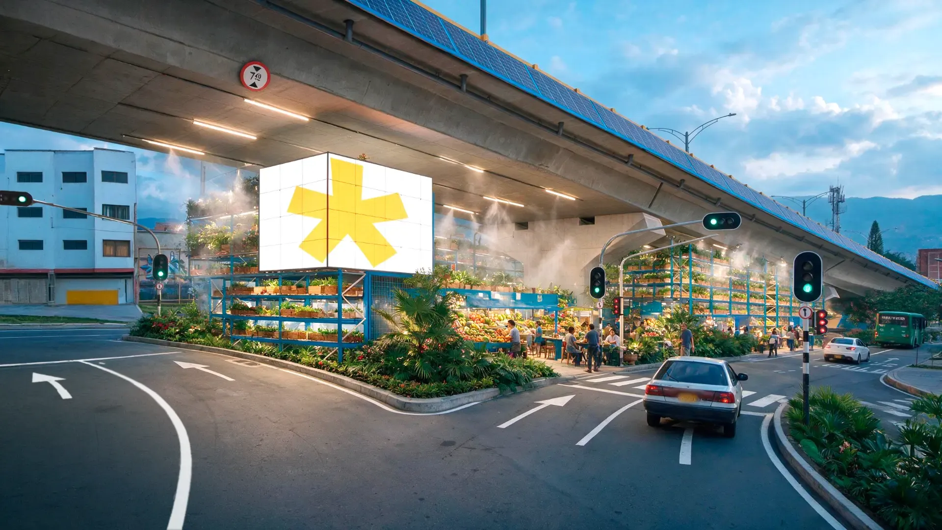 Intersección bajo viaducto al atardecer con un cubo luminoso y el asterisco amarillo gigante